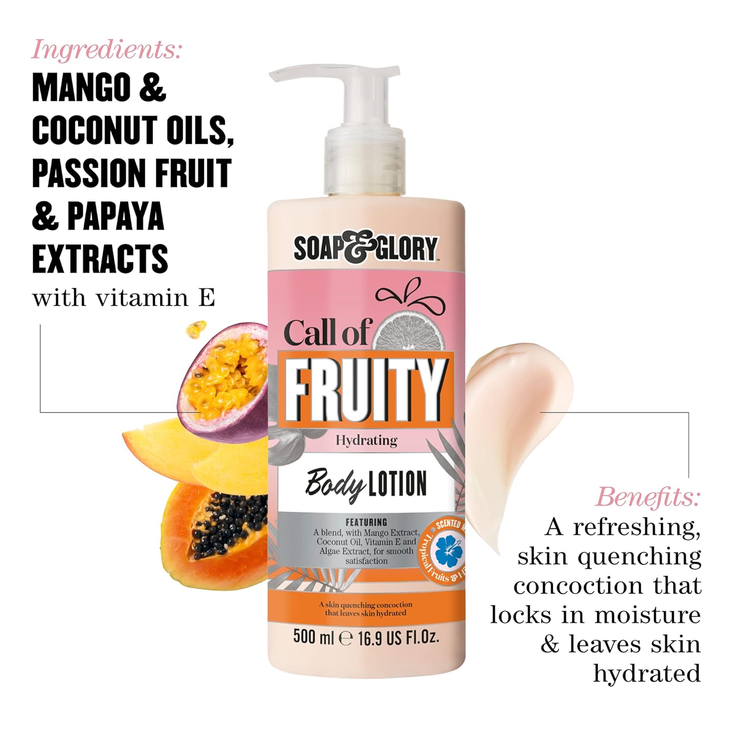 Soap & Glory Call of Fruity Vegan Body Lotion - Moisturizing Body Lotion with Vitamin E, Coconut Oil & Aloe Extracts - Tropical Fruits, Juicy Melon & Hibiscus Cocoa Butter for Dehydrated Skin (500ml) - Image 2