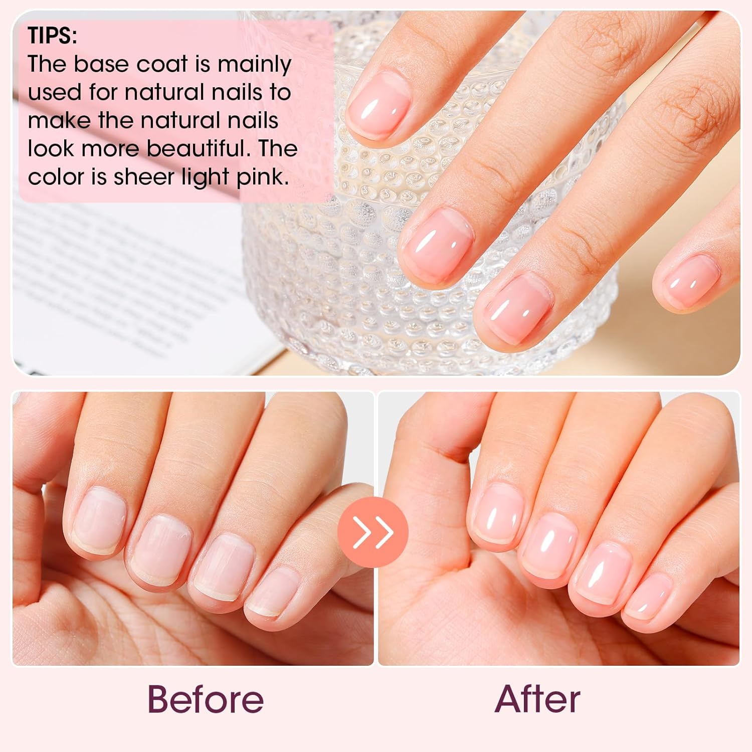 GELLEN Clear Nail Polish Base Coat, Sheer Tinted Pink Base Coat for Strengthening Thin Damaged Uneven Natural Nails, Quick Air Dry Pale Pink Regular Nail Polish Non UV Gel, Hema Free, Non-toxic - Image 4