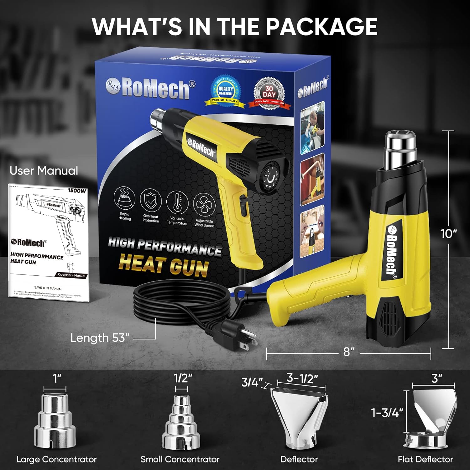 ROMECH Heat Gun, Heavy Duty Fast Heating, Variable Control 120°F~1200°F (50℃-500℃) 4 Nozzles Heat Gun for Crafting, Shrink Tubing,Vinyl Wrap(Yellow) - Image 7
