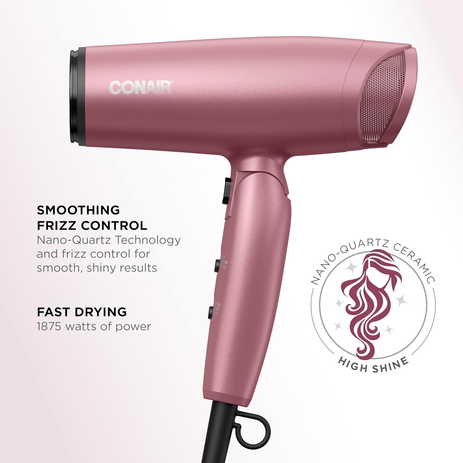 Conair Hair Dryer with Diffuser and Folding Handle, Travel Friendly Hair Dryer, Radiance Boost Blow Dryer for Less Frizz, More Shine, and Irresistibly Silky Hair, Includes Diffuser and Concentrator - Image 2