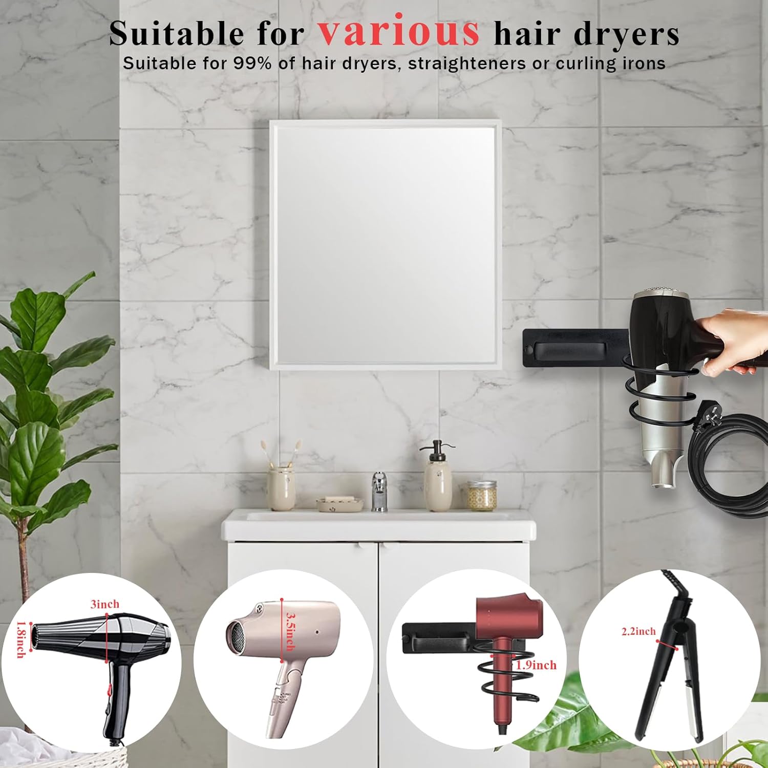 Hair Dryer Holder - Hair Dryer Wall Mount, Aluminum Hair Tool Organizer Wall Mount with Self Adhesive and Drilling Install Options, Flat Iron/Curling Iron/Straightener Holder for Bathroom - Image 3