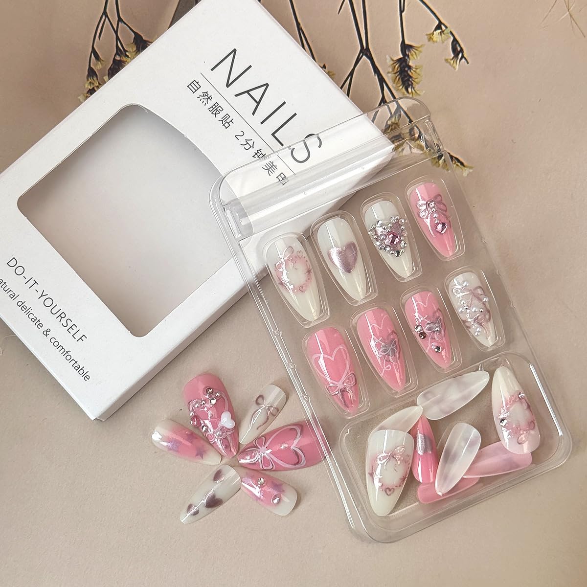 24Pcs Pink Bow Press on Nails Medium Almond Fake Nails with Silver Heart Rhinestones Design Glitter False Nails White Full Cover Artificial Glue on Nails Handmade Stick on Nails for Women Acrylic Nail - Image 4