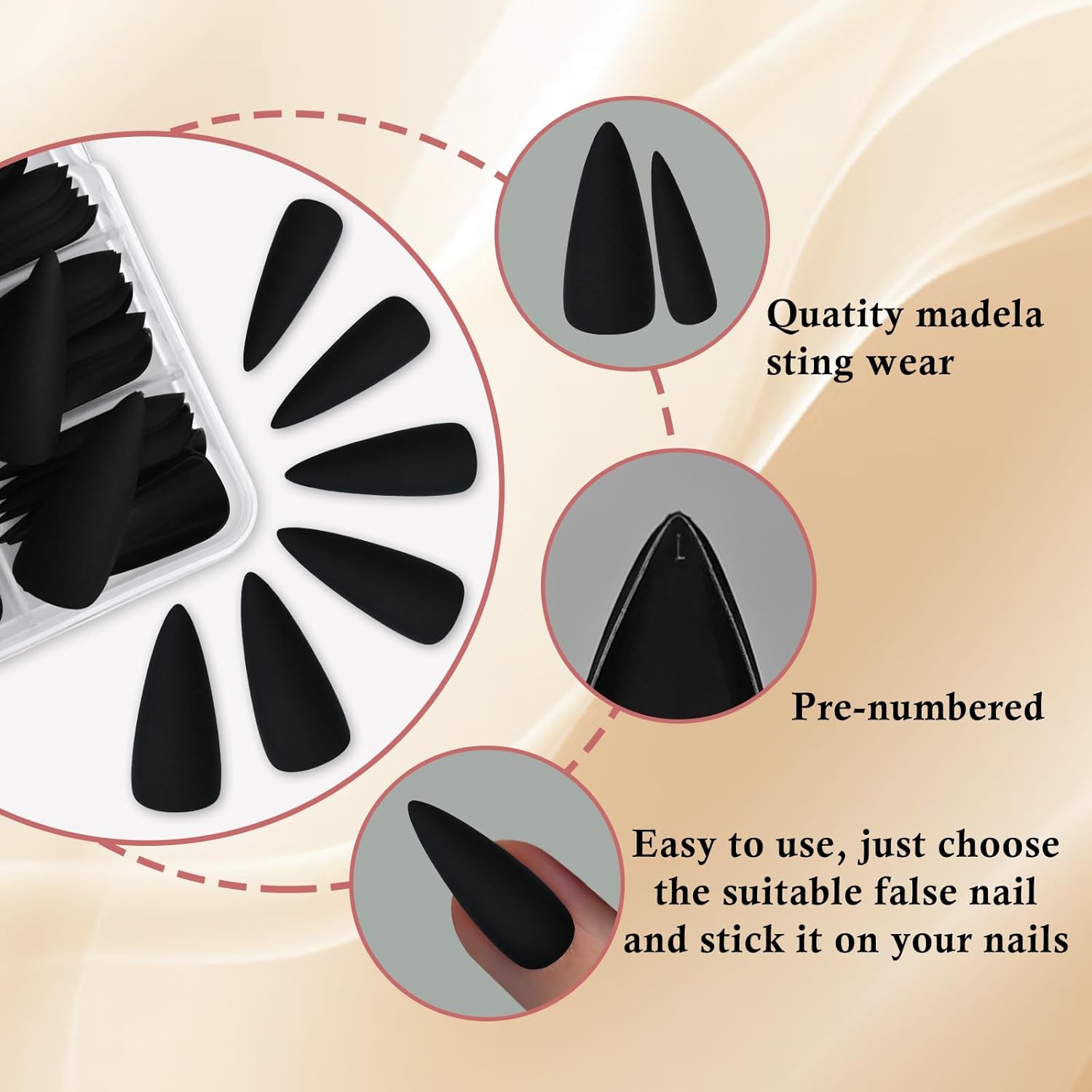 LoveOurHome 100pc Stiletto Press on Nails Long Matte Artificial False Nails Full Cover Acrylic Nail Tips Halloween Manicure Design Decor for Women Girls Salon Home DIY (Black) - Image 3