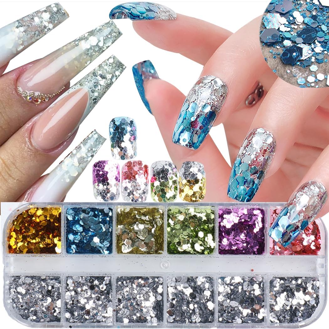 24 Grids Rhombus Hexagon Mermaid Holographic Glitter Nail Art Sequins Silver Colorful Collocation 3D Shiny Flakes Acrylic Supplies Glitter Accessories Mirror Gradient Effect Nail Art Design - Image 5