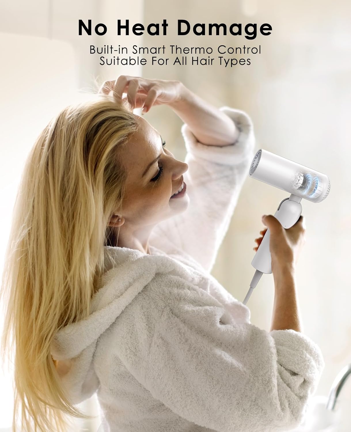 Foldable Hair Dryer for Travel - Global Voltage with Auto-Sensing, 1B Plasma Particles, 200times/s Temp Control, Portable Blow Dryer with Single-Sided Comb, White - Image 6