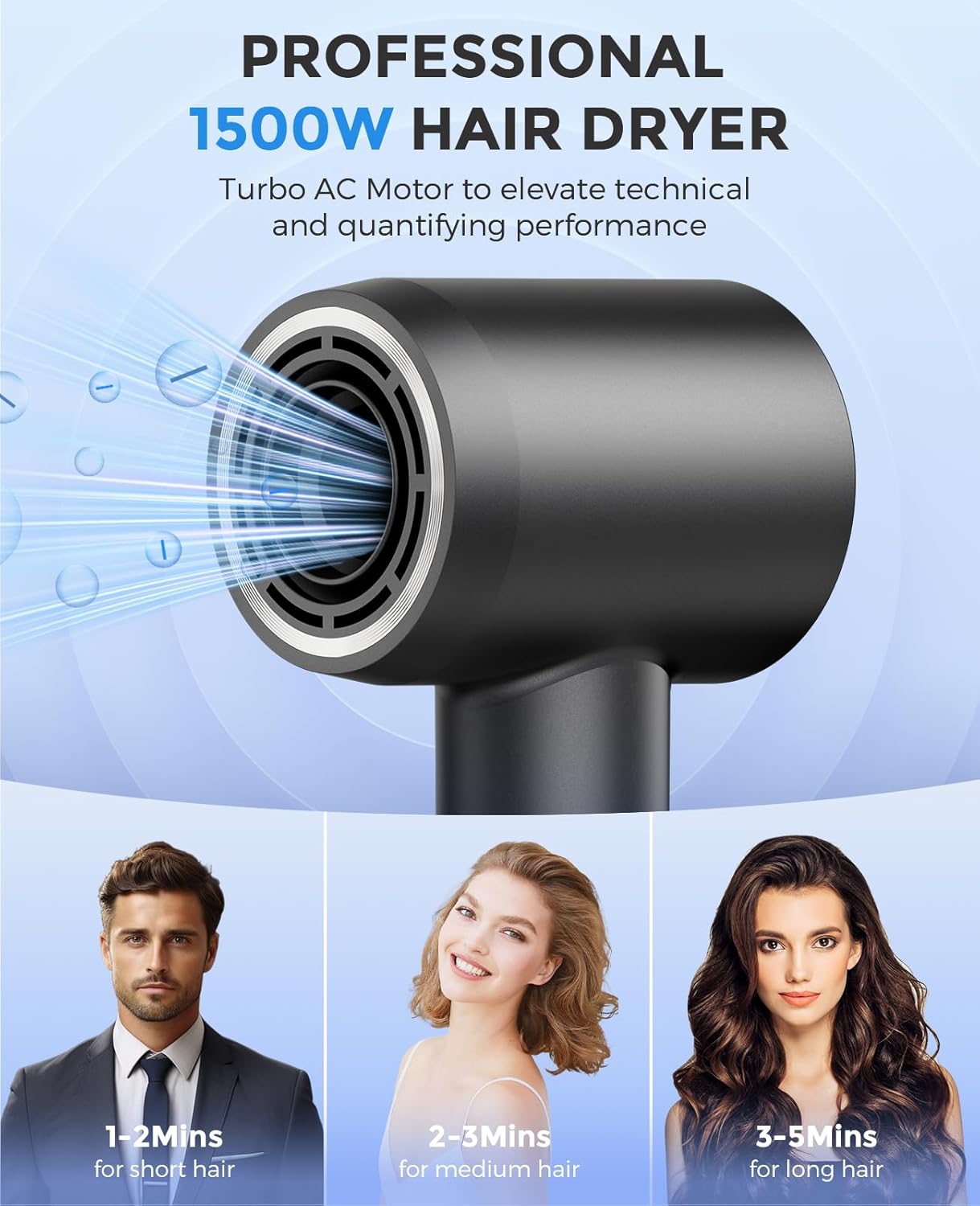 Hair Dryer, Negative Ionic Blow Dryer with 160000 RPM Professional High-Speed Blow Dryer, Brushless Motor for Fast Drying, Low Noise Thermo-Control Hairdryer with Magnetic Nozzle (Black) - Image 3