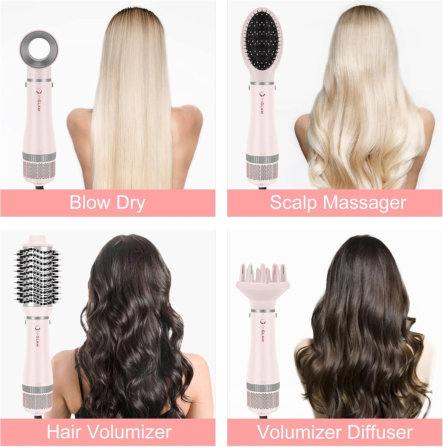 IG INGLAM 4 in 1 Blowout Hair Dryer Brush Set - Negative Ion Detachable Hair Dryer, Volumizer Styler with 2 Brush Heads, Pink - Image 2
