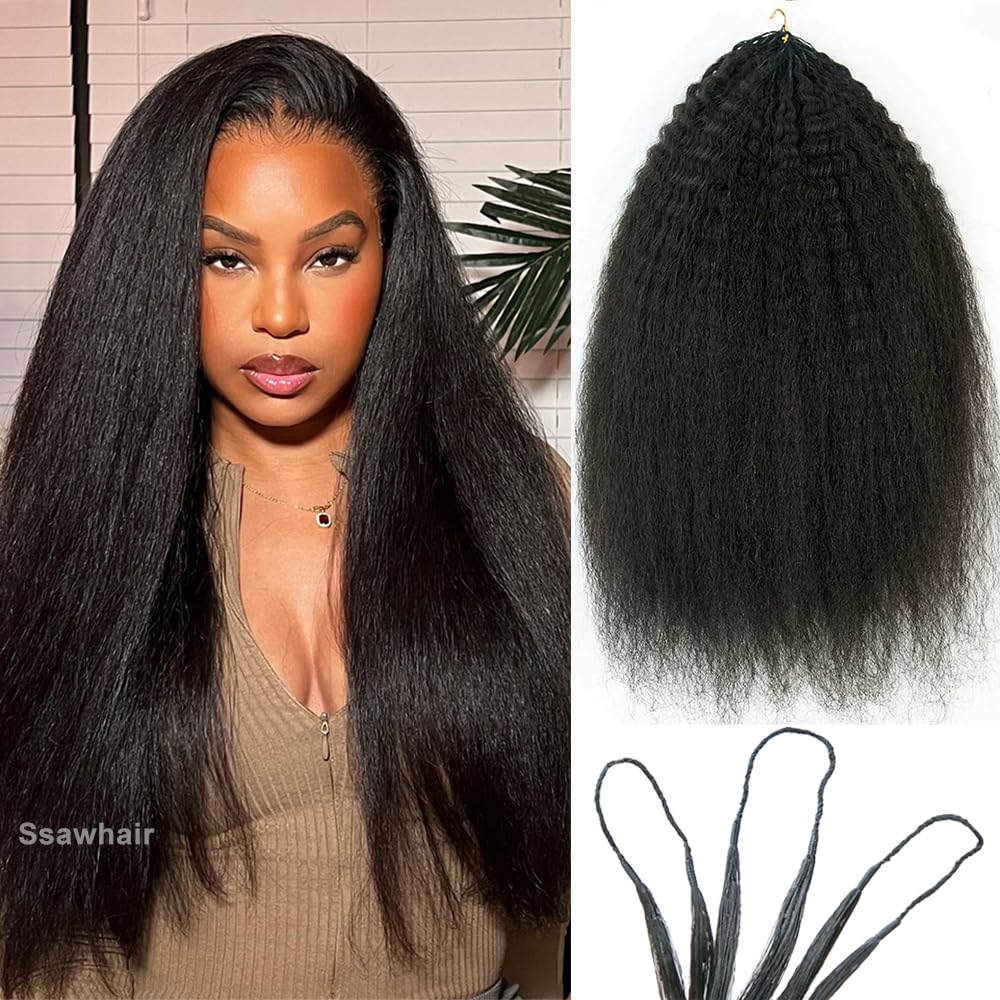 Kinky Straight Crochet Human Hair Knotless Pre-Separated Yaki Straight Human Hair With String Pre-Looped Reusable Feather Crochet Hair Extensions 20Inch 60g 50Strands - Image 3