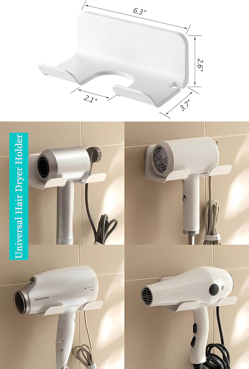 Universal Hair Dryer Holder, Blow Dryer Hanger Wall Mount for Hair Dryer Hook with Plug&Cord Organizer Self Adhesive for Cabinet Bathroom(1 Pack White) - Image 2