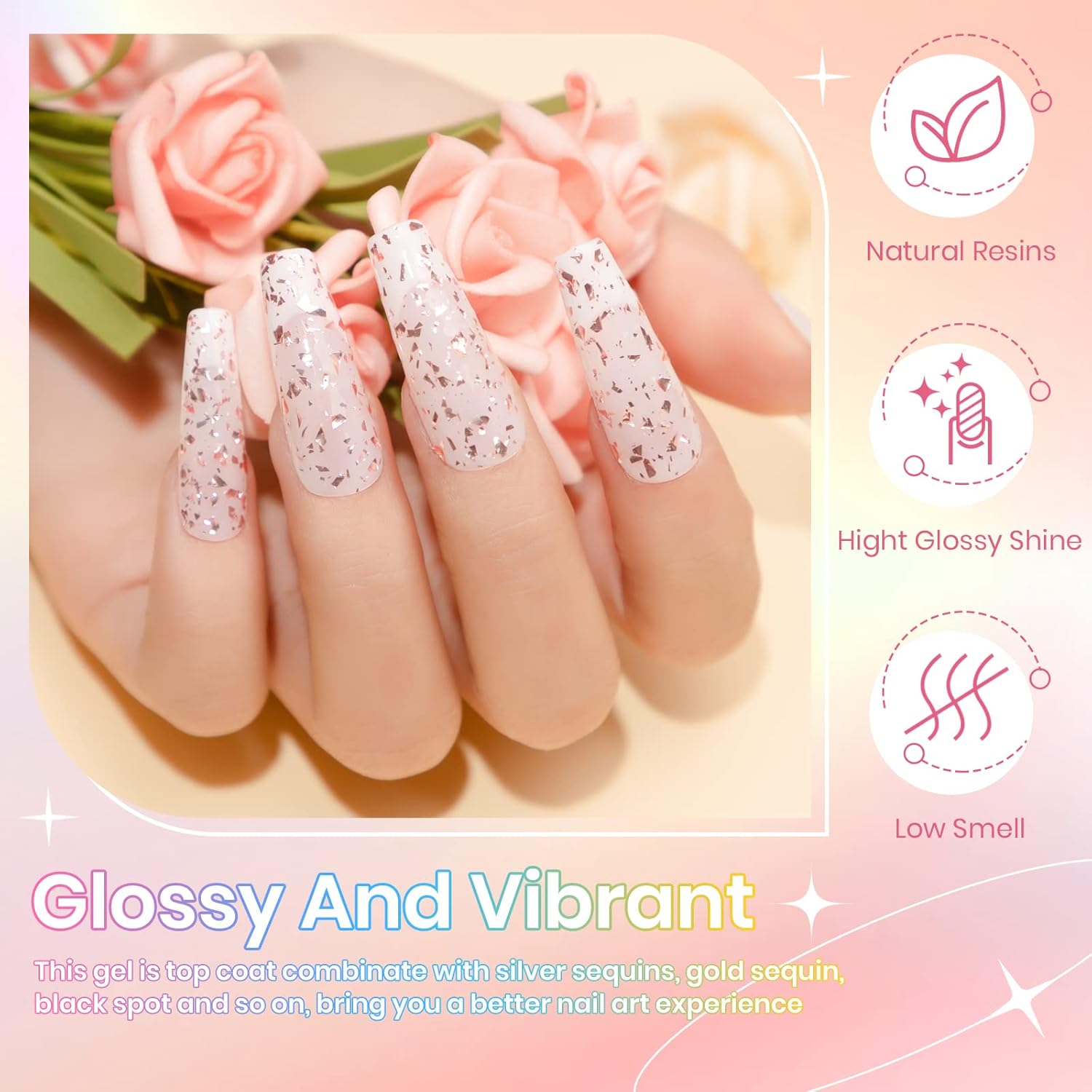 8Colors Glitter Top Coat Gel Silver Gold Sequin Top Coat Eggshell Top Coat Gel Polish Reflective Glitter Top Coat Sparkle Shiny Shimmer No Wipe Gel Top Coat Gel Polish - Image 3