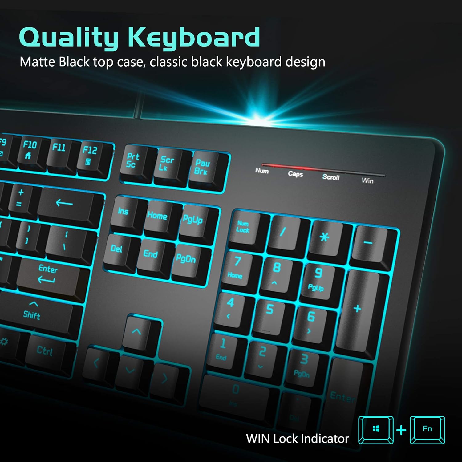 Light Up Quiet Gaming Keyboard - Membrane Silent Wired Keyboard with Low Profile Lighted Key for Computer, Windows PC Gamer - Full Size, Black - Image 3