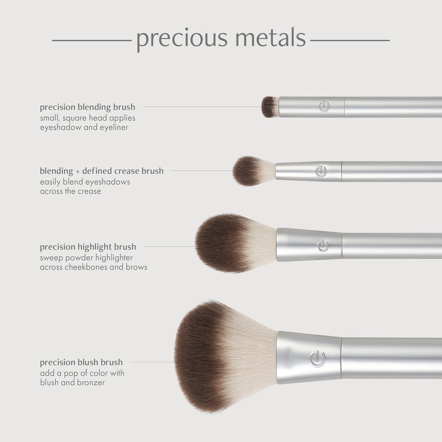 EcoTools Precious Metals Cheek & Eye Highlight Makeup Brush Kit, for Eyeshadow, Blush, & Powder Products, Eco Friendly, Cruelty Free Face Brushes, Recycled Aluminum, Chrome, 4 Piece Set - Image 4