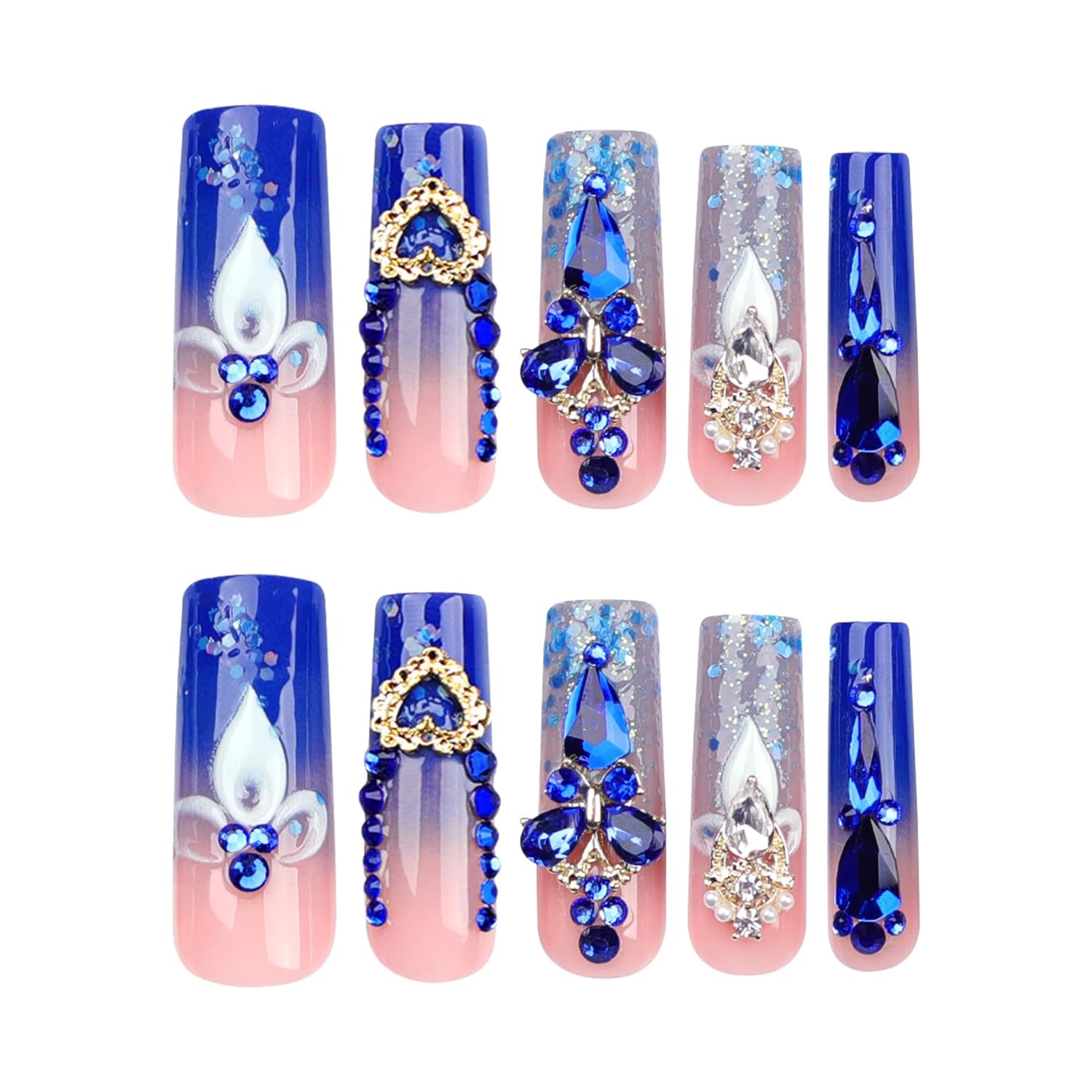 Royal Blue Press on Nails Long Length Square Shape Acrylic Fake Nails with Rhinestones Designs False Nails Mother'S Day Gift 24pcs - Image 5