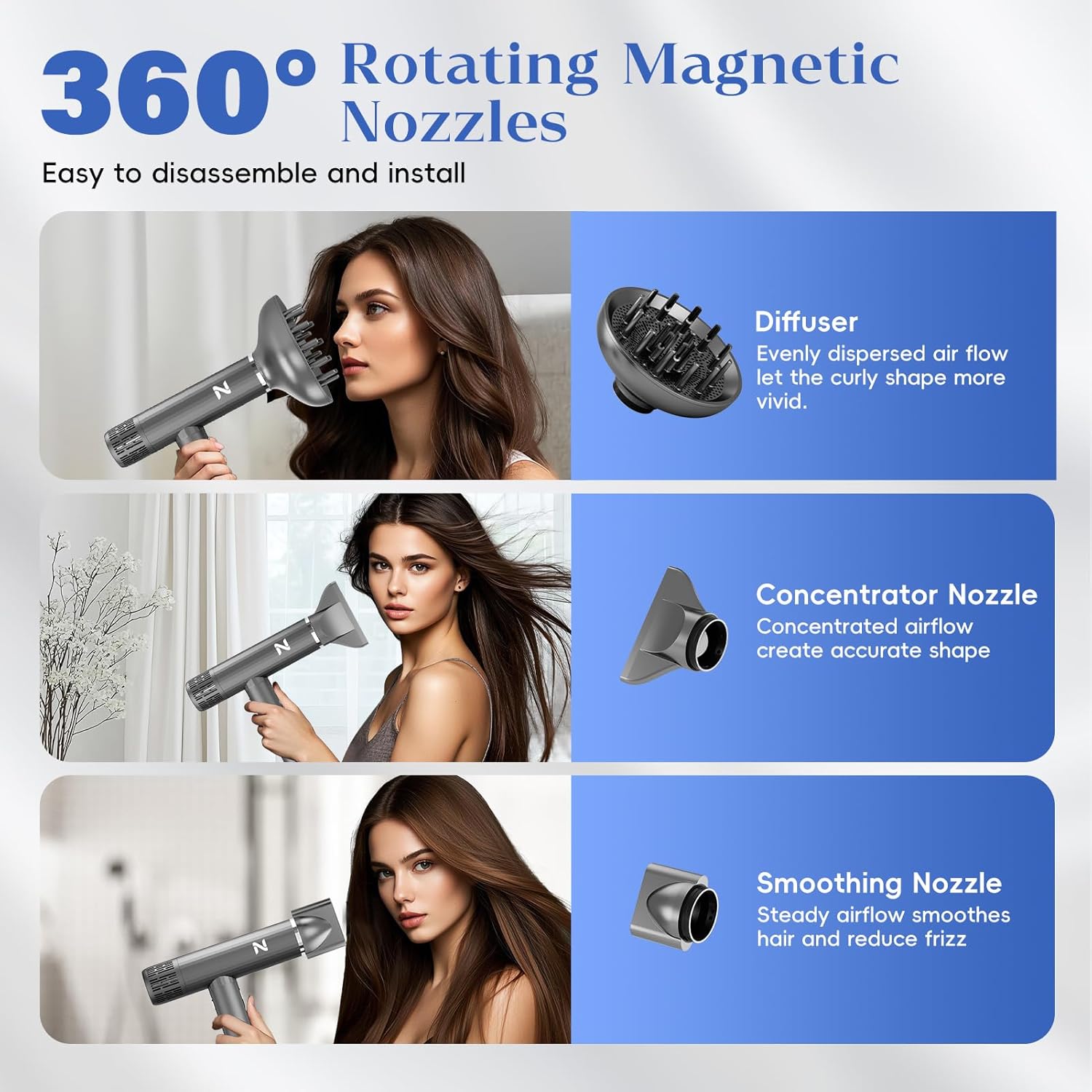 Ionic Salon Hair Dryer with 3 Attachments, 1600W Professional Blow Dryer with 110000RPM High Speed Brushless Motor for Fast Drying, Lightweight, Low Noise, Locking Function, 4 Temps & 3 Speeds - Image 6