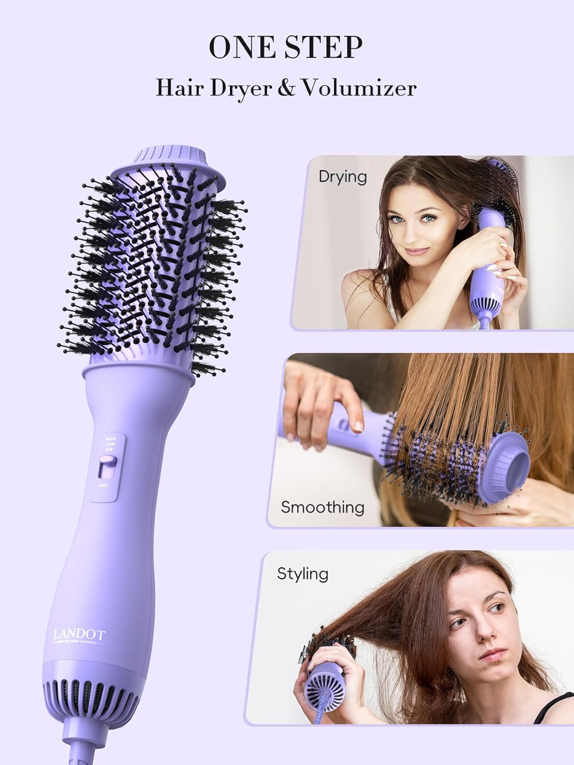 LANDOT Hot Hair Blow Dryer Brush: One-Step HairDryer Styler and Volumizer - Upgraded Plus 2.0 Hot Air Brush with Negative Ion Anti-frizz Ceramic Titanium 60mm Oval Shape Barrel Purple Color - Image 4