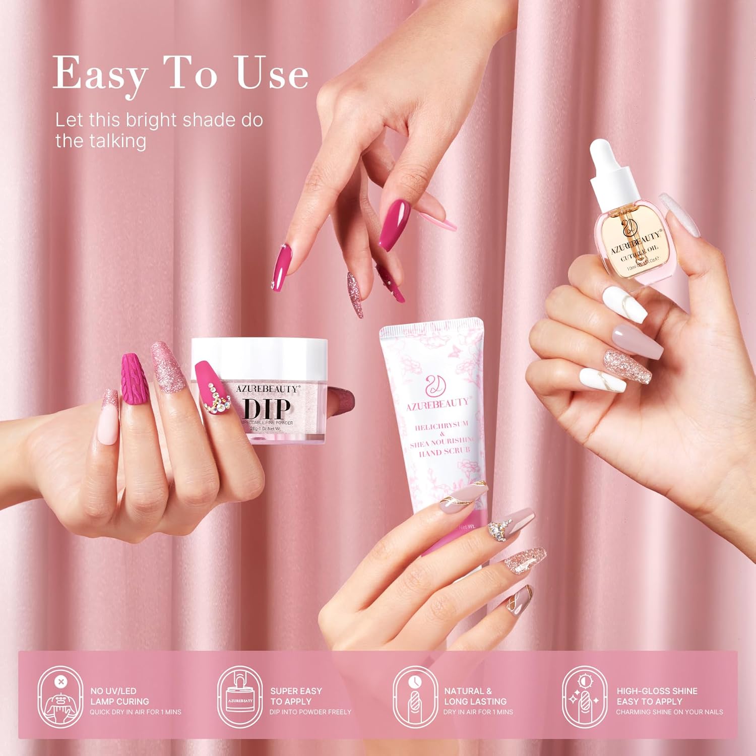 AZUREBEAUTY Dip Powder Nail Kit 28g/1Oz Nude Pink with Nourishing Hand Cream Hand Scrub Cuticle Oil Dipping Liquid Set Top/Base Coat Activator for Holidays Gift Set - Image 4