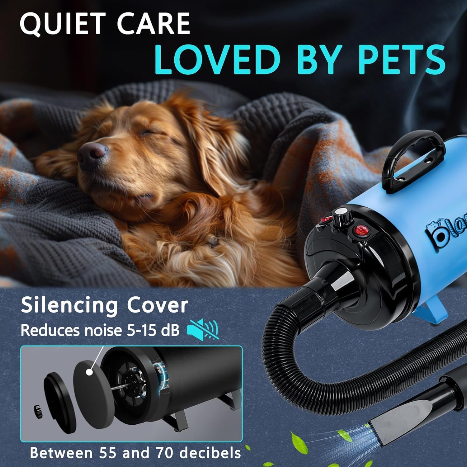 High Velocity Dog Hair Dryer 5.2HP/ 3800W Professional Dogs Blower Grooming Dryer, Adjustable Temperature and Speed Pet Dryers with 4 Nozzles and a Comb, Blue - Image 4