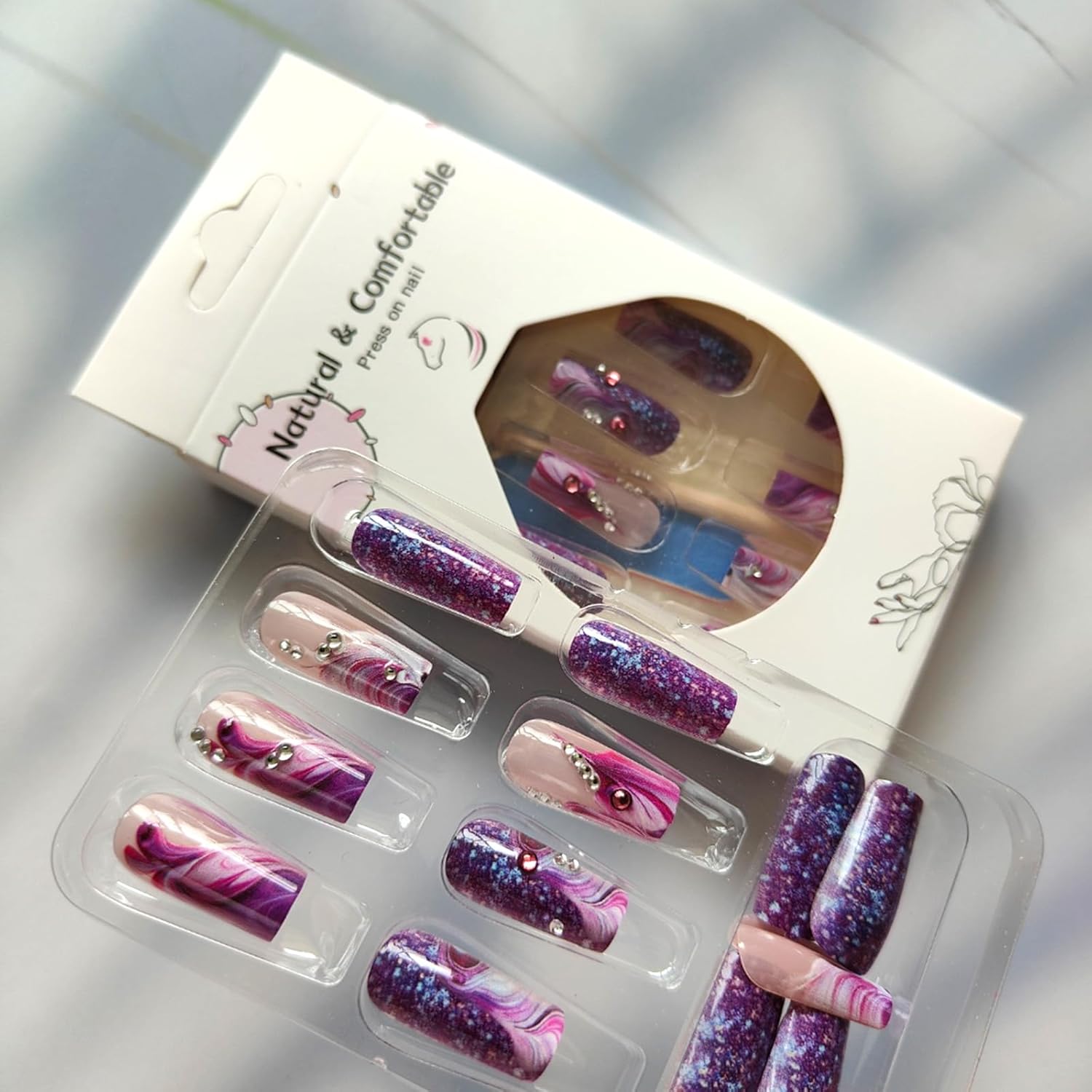 24Pcs Purple Press on Nails Medium Square Fake Nails with Rhinestone Designs Spring False Nails Purple Glitter Acrylic Nails Glossy Glue on Nails Full Cover Stick on Nails for Coquette Women - Image 2