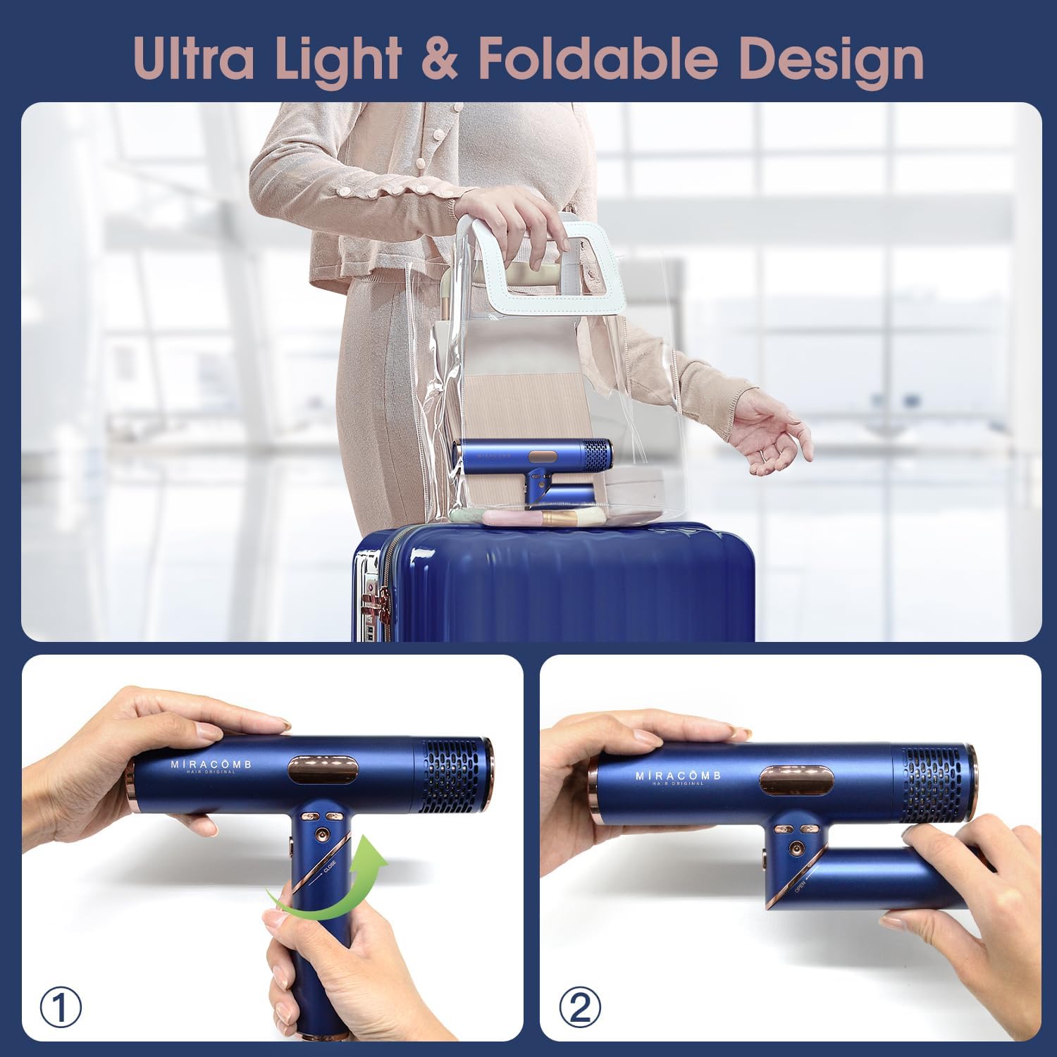 Foldable Travel Hair Dryer, Powerful Ionic Blow Dryer Pro with Brushless Motor for Fast Drying, Lightweight Portable Hairdryer for Women/Men, Digital Heat/Speed Settings, with 2 Nozzles - Image 5