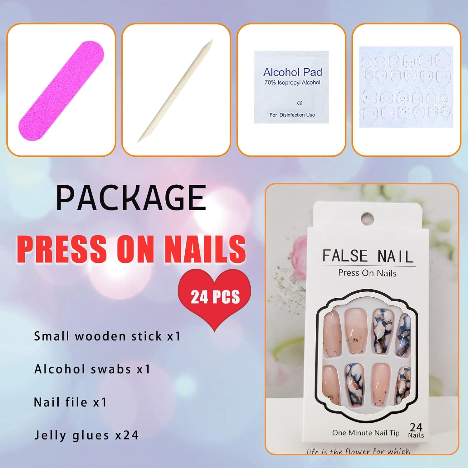 Coffin Press on Nails Medium Length Fake Nails Artificial False Nails with Blue Marble & Sequins Designs Glossy Acrylic Nails Nude Full Cover Glue on Nails for Women 24 Pcs - Image 5
