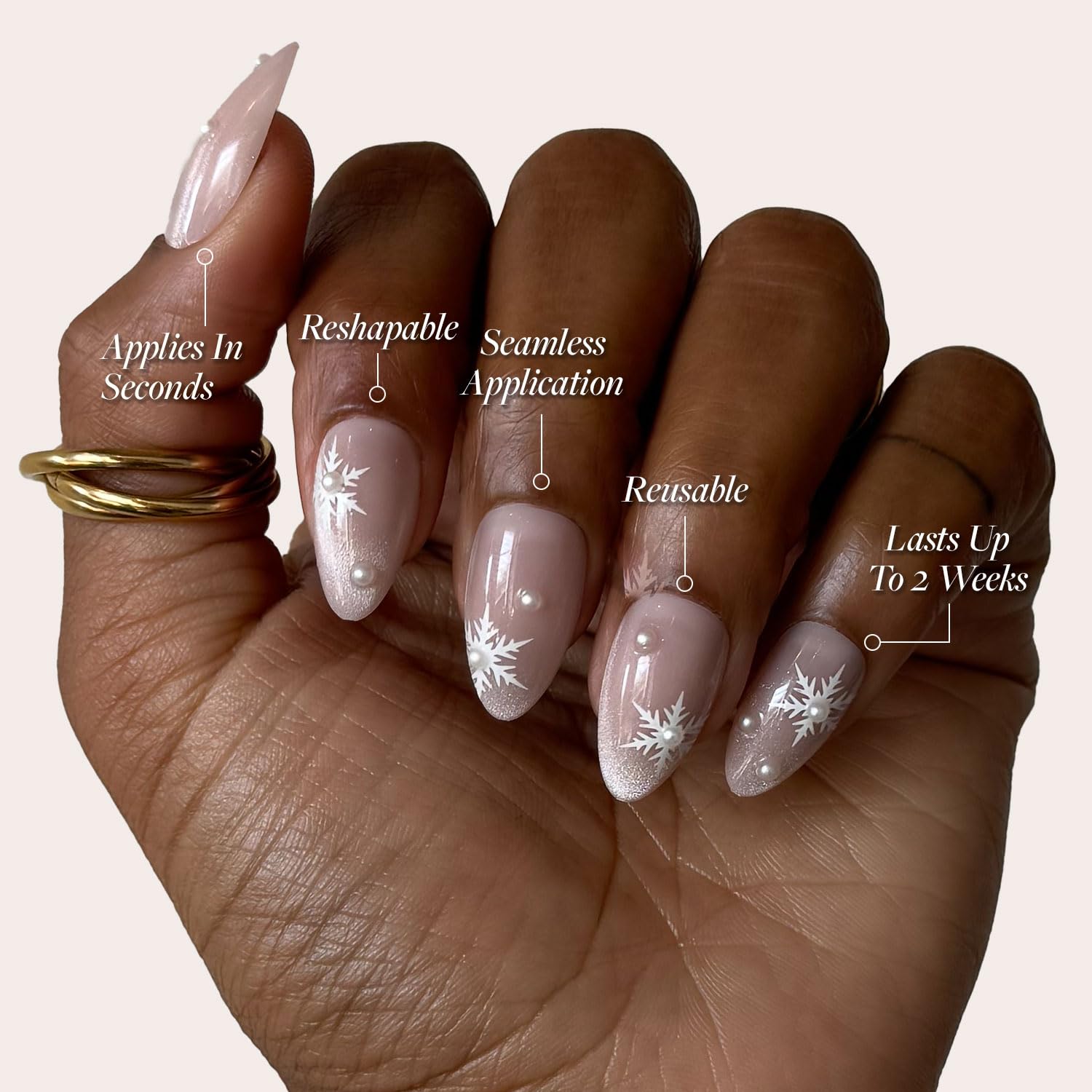 Glamnetic Press On Nails - Snowfall | Semi-Transparent Snowflake & 3D Pearl Accent Almond False Nails, Reusable Stick On Fake Nails with Glue | Salon Quality | 15 Sizes - 30 Nail Kit - Image 3