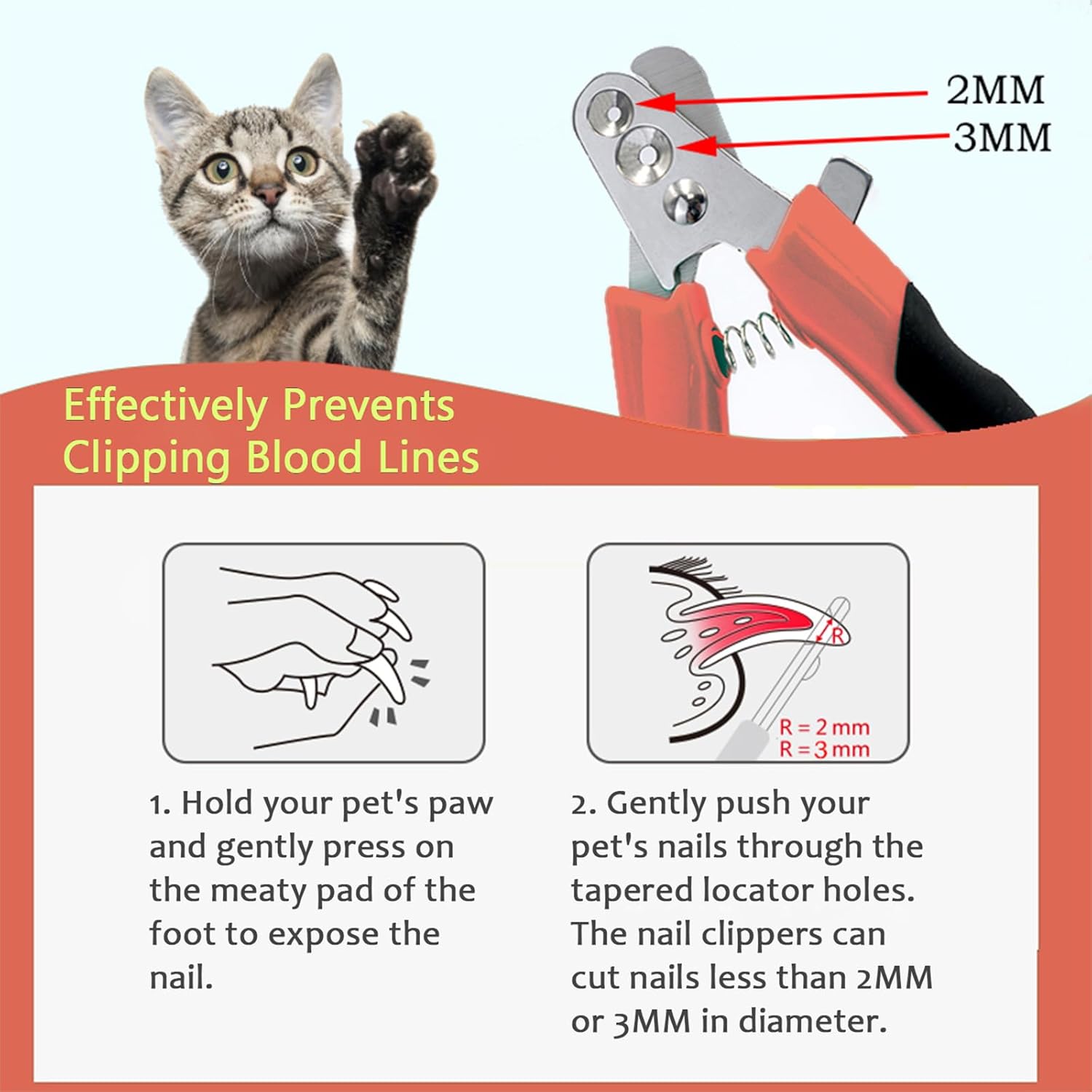 Trumoon Cat Claw Clippers Two Round Cut Holes with Different Sizes (2mm & 3mm) - Cat Nail Trimmers Suitable for Cats and Other Small Animals with Different Stages of Growth(Orange) - Image 2