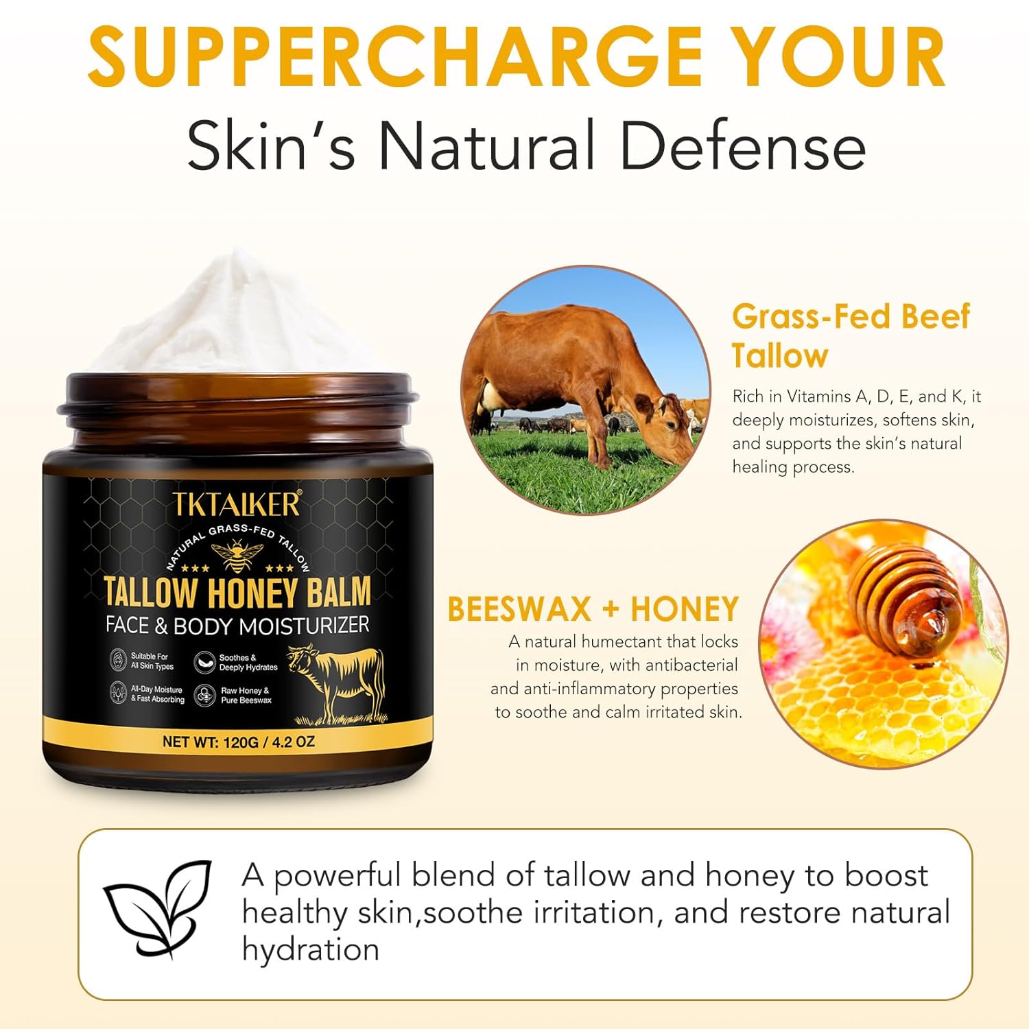 Beef Tallow for Skin, Beef Tallow for Face, Hydrating Tallow Balm with Raw Honey and Beeswax, Grass-Fed Beef Tallow & Raw Wild Honey Blend, Body & Face Moisturizer, Natural Formula, Light Scent - Image 3