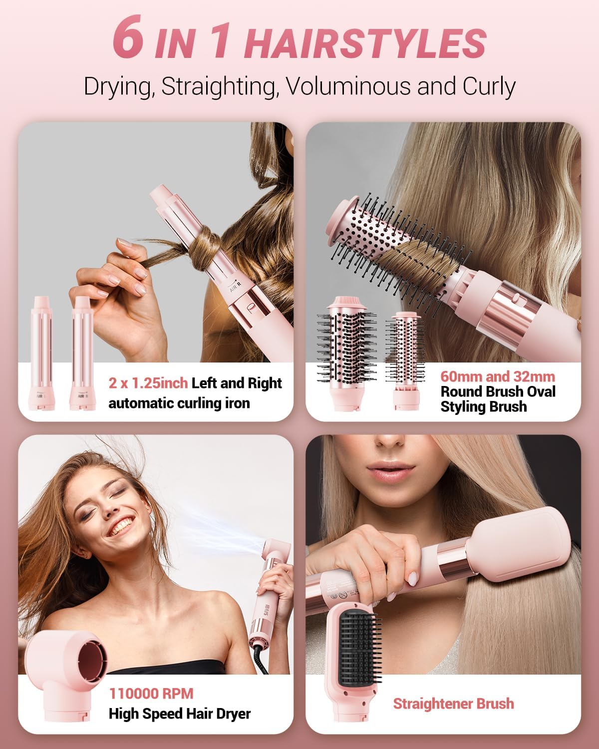Hair Dryer Brush 6 in 1 Professional Hot Air Styler, 110,000 RPM High-Speed Negative Ionic Hair Dryer, Auto Wrap Curler Frizz-Free Airwrap for Curling Volumizing Straightening Styling Pink - Image 2