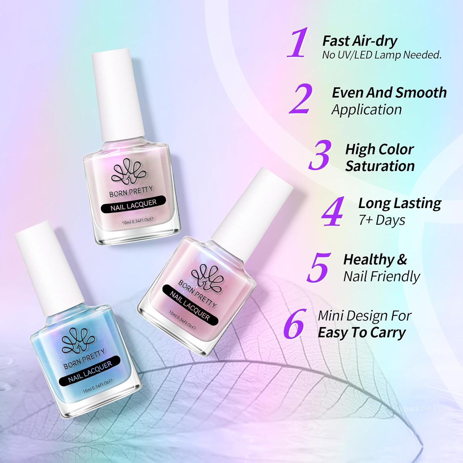 Born Pretty Pearl Nail Polish Set, 6 Colors Ombre Pearl Shimmer White Pink Purple Mermaid Nail Polish Quick Dry Spring Summer Finger 10ml 0.34oz Shell Glitter Nail Lacquer Set - Image 7