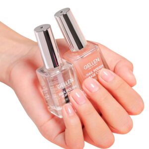 GELLEN Clear Nail Polish Base Top Coat, No Wipe Shine Top Coat & 4-In-1 Sheer Nude Base Coat, Nail Strengthener, Nails Concealer & Ridge Filler for Thin Damaged Uneven Natural Nails, No UV, Quick Dry