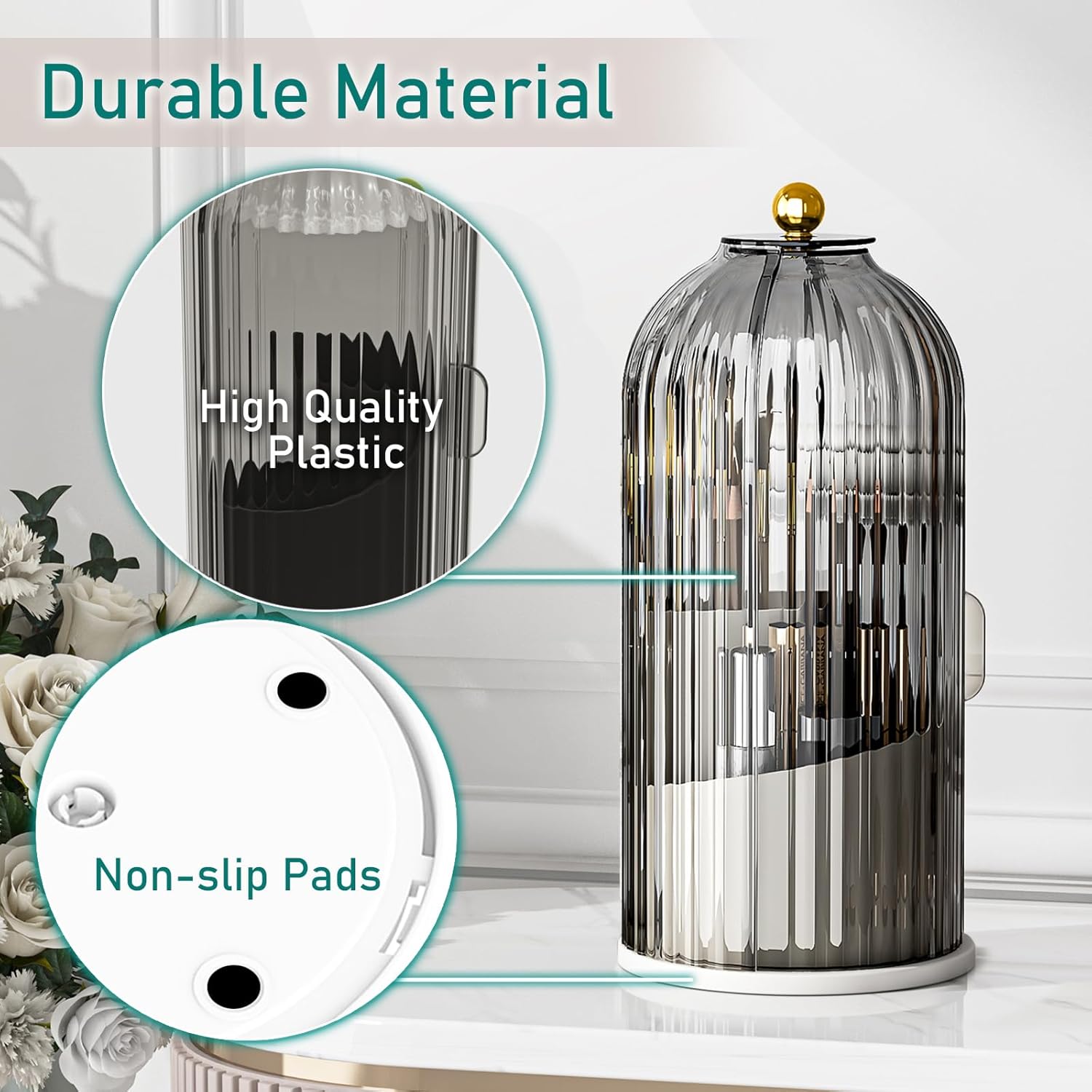 GAXmi Makeup Brush Holder with Lid Cosmetic Tools Organizer 360 Rotating Waterproof Dustproof Makeup Brushes Storage for Vanity, Grey - Image 6