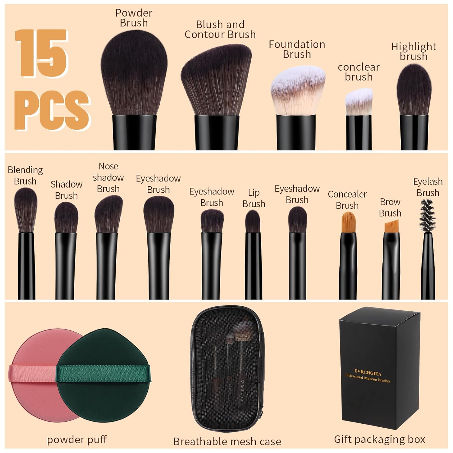 Travel Makeup Brush Set, 15 pcs Mini Makeup Brushes and 2 Puff for Foundation, Powder, Eyeshadow, Highlight, Contour, Blush & Concealer, Small Makeup Brush Set Purse Size with Case - Image 3