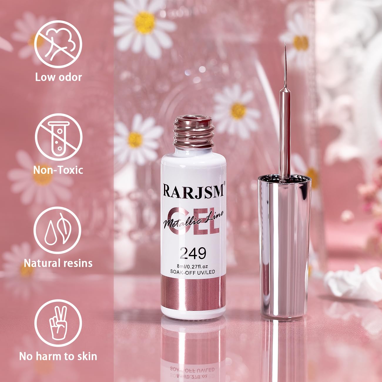 RARJSM Metallic Gel Liner Nail Art Rose Gold 3D Mirror Chrome Effect Gel Nail Polish 8ml Painting Build in Thin Brush Metal Painted Drawing Striper Gelpolish Soak off Curing Requires for Home Salon - Image 2