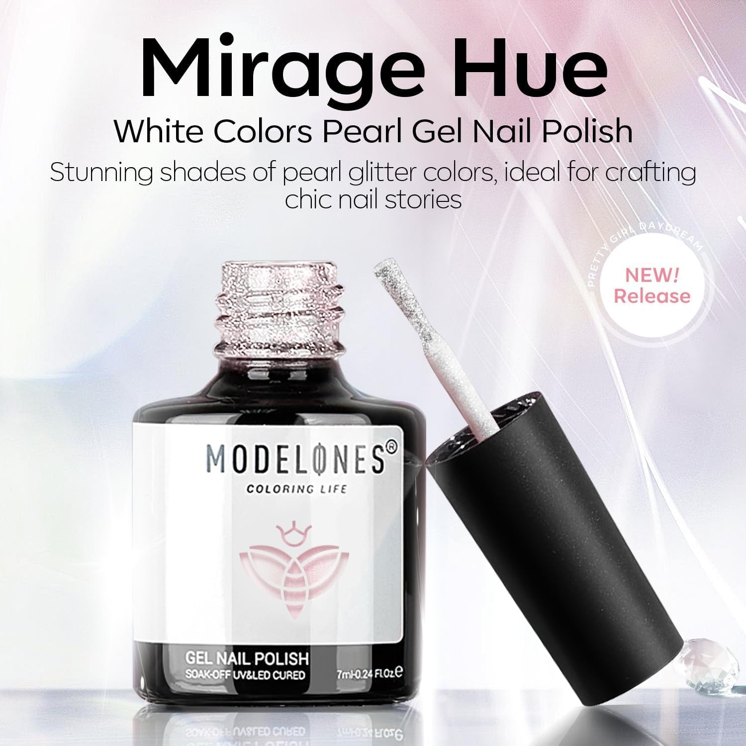 Modelones Pearl Glitter Gel Nail Polish, 15 ML Shine White Nail Polish Iridescent Shimmer Mermaid Pastel Chrome Nails Soak Off Led Pearlescent Polish Swirl Shell Thread Effect DIY Gift - Image 9