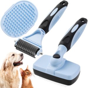 3PCS Cat & Dog Brush Set: Slicker & Deshedding Brush, Dematting Comb, and Bath Brush – Premium Grooming Tools for Shedding & Tangle-Free Fur (blue)