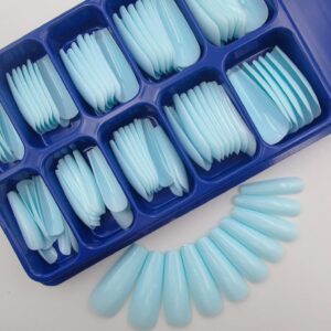 100pc Colored Coffin Press on Nails Glossy Light Blue Ballerina Shape Long Coffin False Fake Artificial Acrylic Nail Tips Women Girls Manicure Decor (Baby Blue)