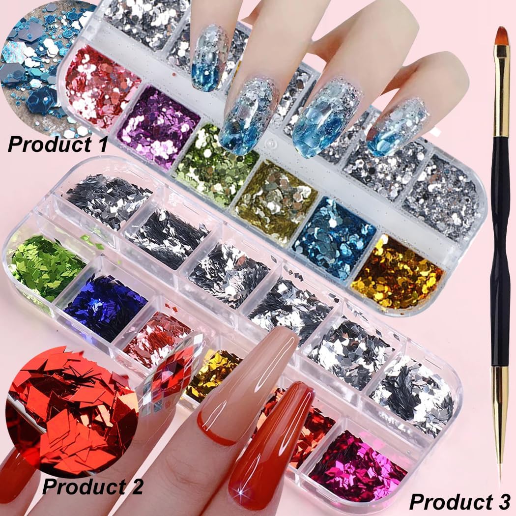 24 Grids Rhombus Hexagon Mermaid Holographic Glitter Nail Art Sequins Silver Colorful Collocation 3D Shiny Flakes Acrylic Supplies Glitter Accessories Mirror Gradient Effect Nail Art Design - Image 2