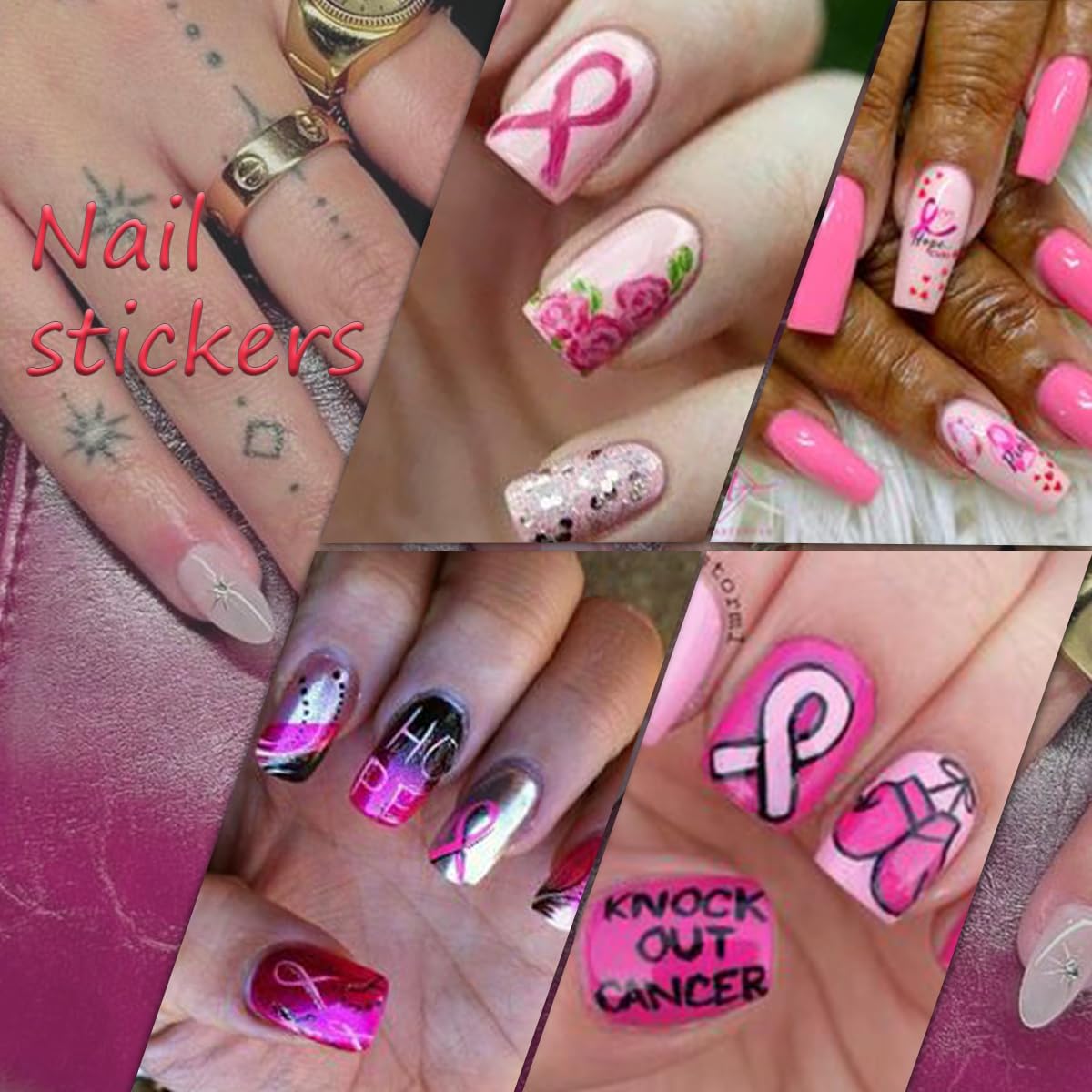 6 Sheets Breast Cancer Nail Art Stickers 3D Self-Adhesive Heart Letter Nail Stickers Pink Ribbon Nail Decals Breast Breast Cancer Nail Design Stickers for Women Girls Acrylic Manicure Salon - Image 3