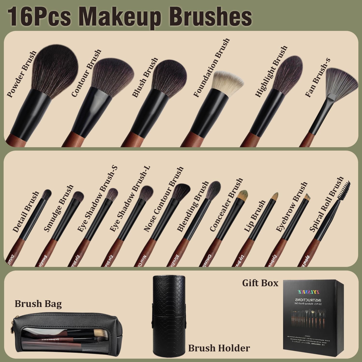 Makeup Brushes 16 Pcs Makeup Brush Set Professional, Wood Handle Travel Make Up Brushes Set with Case, Premium Cruelty-Free Synthetic Fiber Hair Makeup Brush Kit with Holder - Image 2