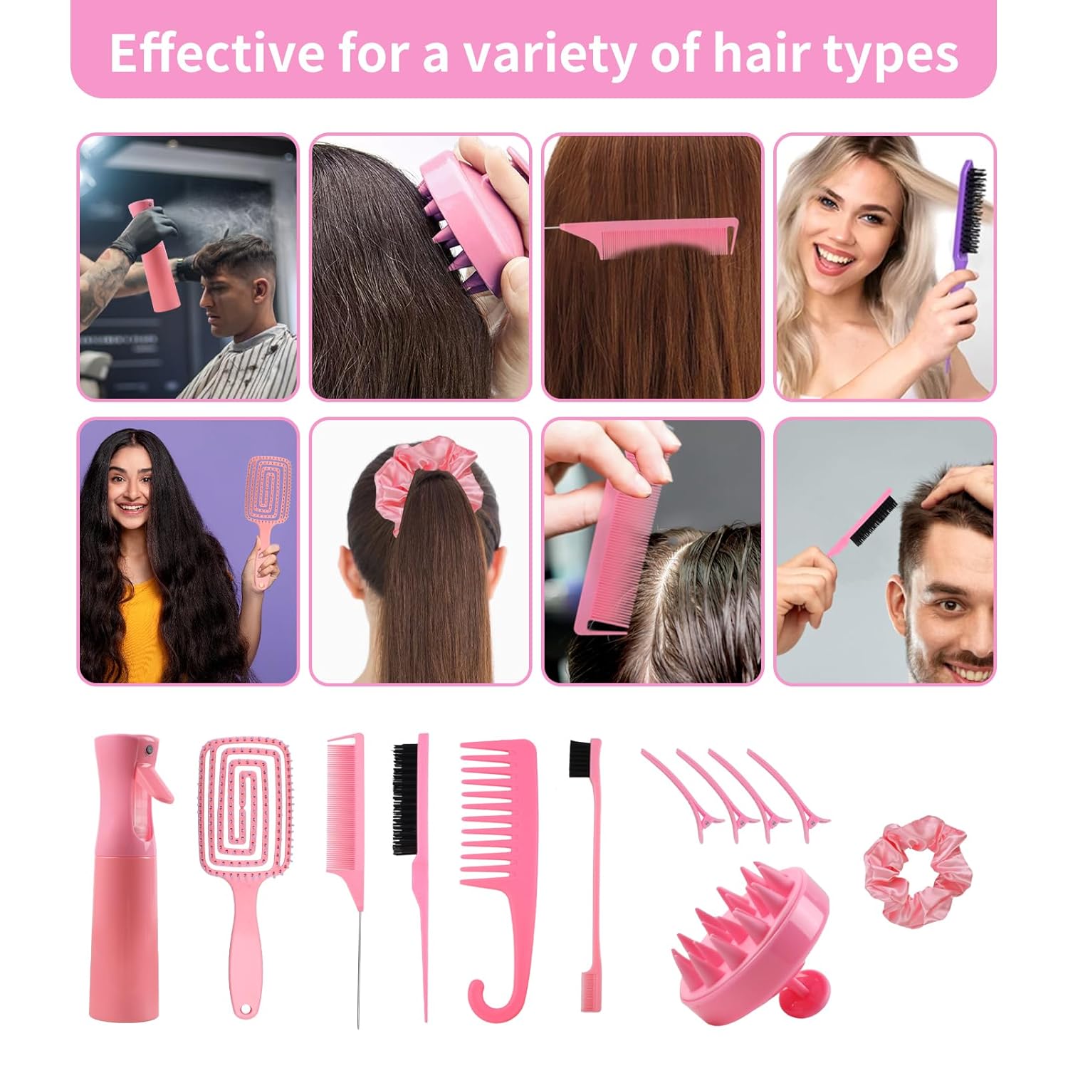 Hair Brush Set, 12 pcs Detangler Brush with Hair Spray Bottle, Scalp Massager for Wet Dry Curly Hair, Bristle Hair Brush Hair Comb for Women Girl (Pink, Purple) - Image 7