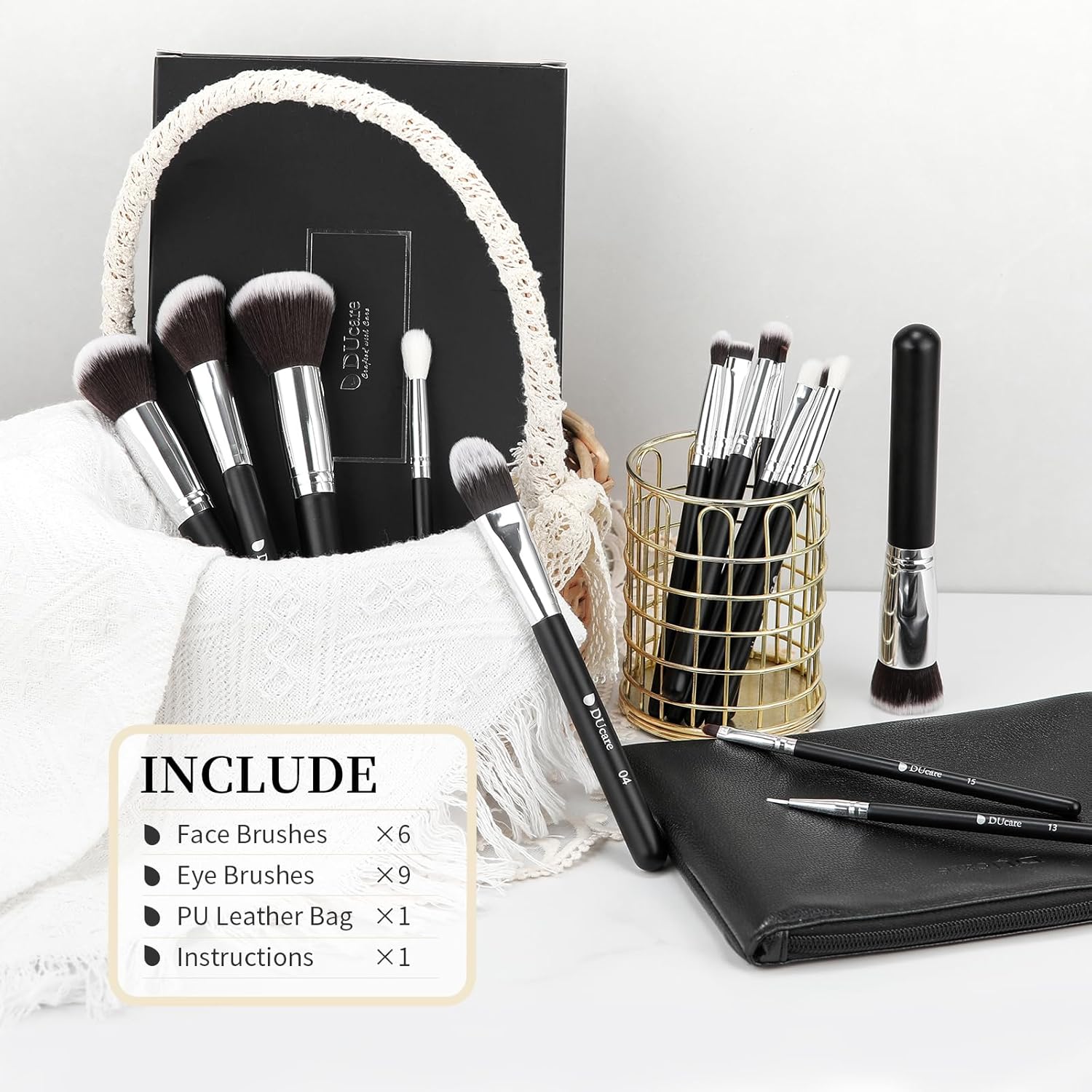 DUcare Makeup Brushes with Bag,15Pcs Makeup Brush Set Christmas Gift Travel Kabuki Foundation Blending Blush Eyeliner Shadow Brow Concealer Brushes Kit Black - Image 4