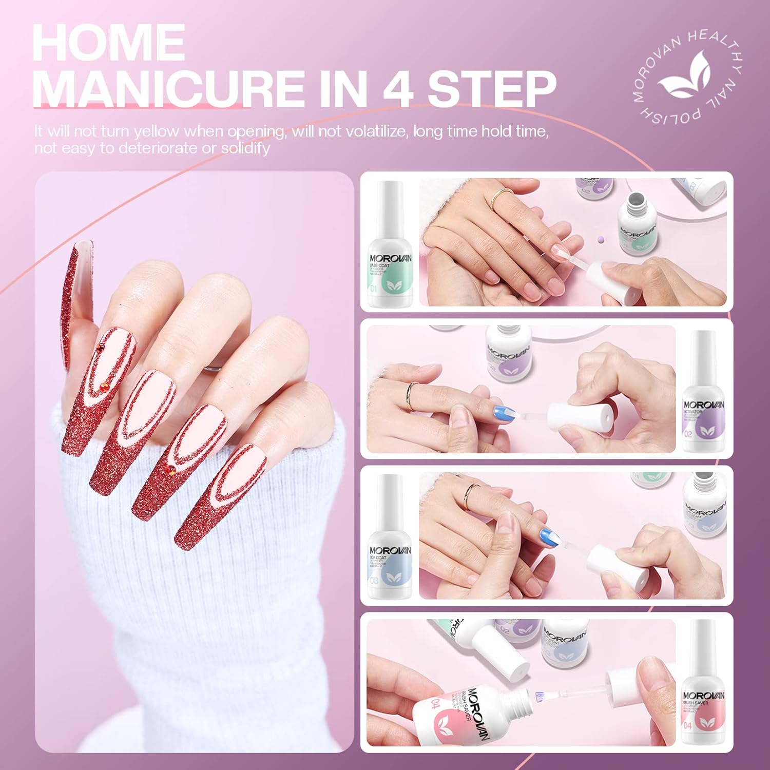 Morovan Dip Powder Liquid Set with Activator Base Top Coat and Dipping Powder Brush Saver 4pcs 0.5oz for Dip Powder Nail Kit - Image 7
