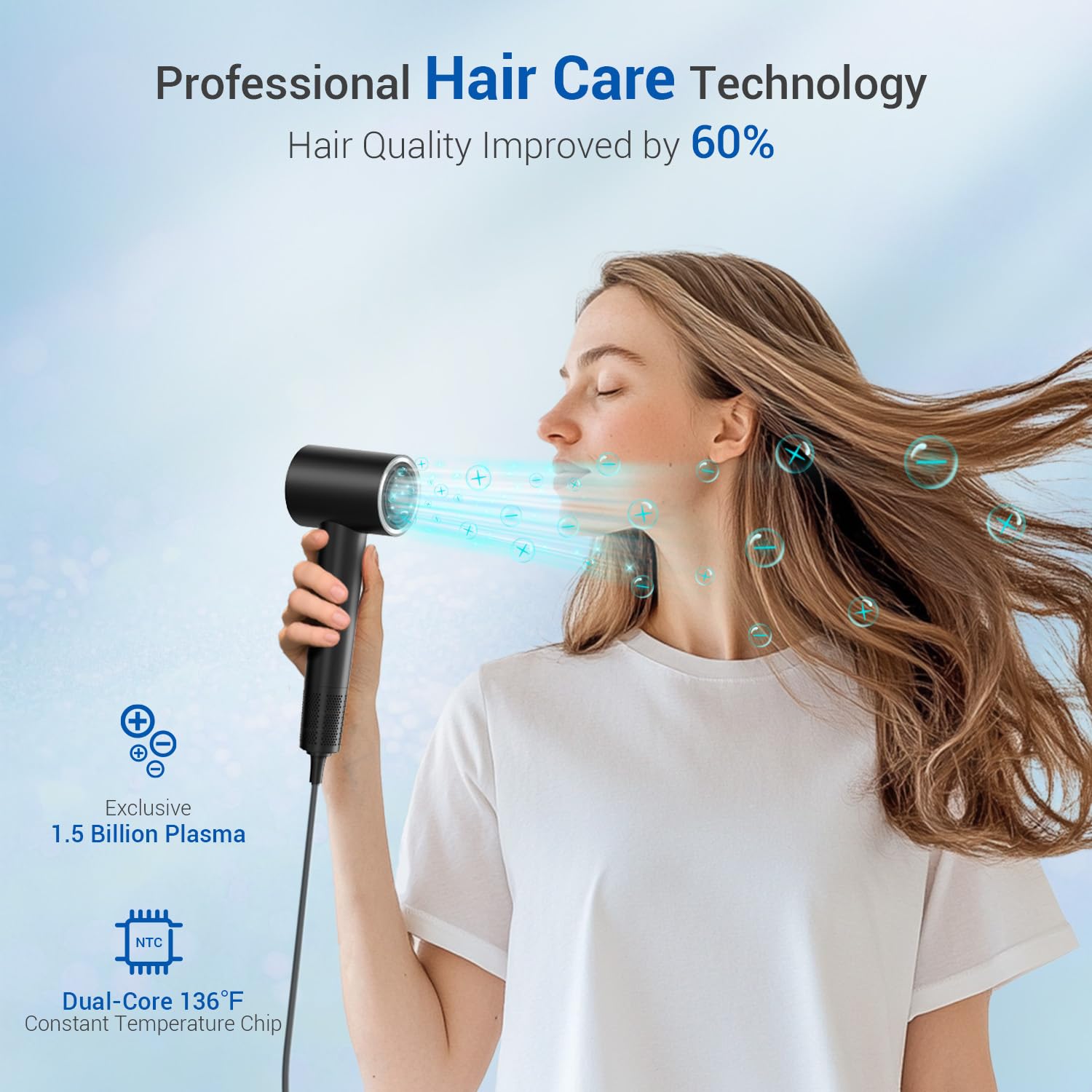 Hair Dryer with Diffuser, Hyspeedh Low Noise Blow Dryer with Fast Drying, 0.86lb Lightweight Travel Hair Dryers for Women, 1.5 Billion Plasma, Smart Thermo Control, Strong Magnetic Diffuser - Image 3