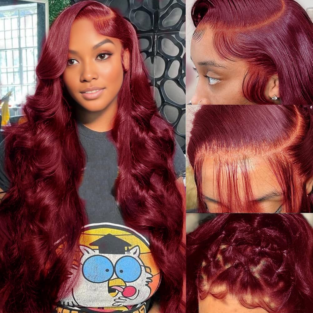 22inch 99j Burgundy Lace Front Wigs Human Hair Pre Plucked 180% Density 13x6 Body Wave HD Transparent Lace Frontal Glueless Wigs Human Hair Red Wigs For Black Women Natural Hairline with Baby Hair - Image 2
