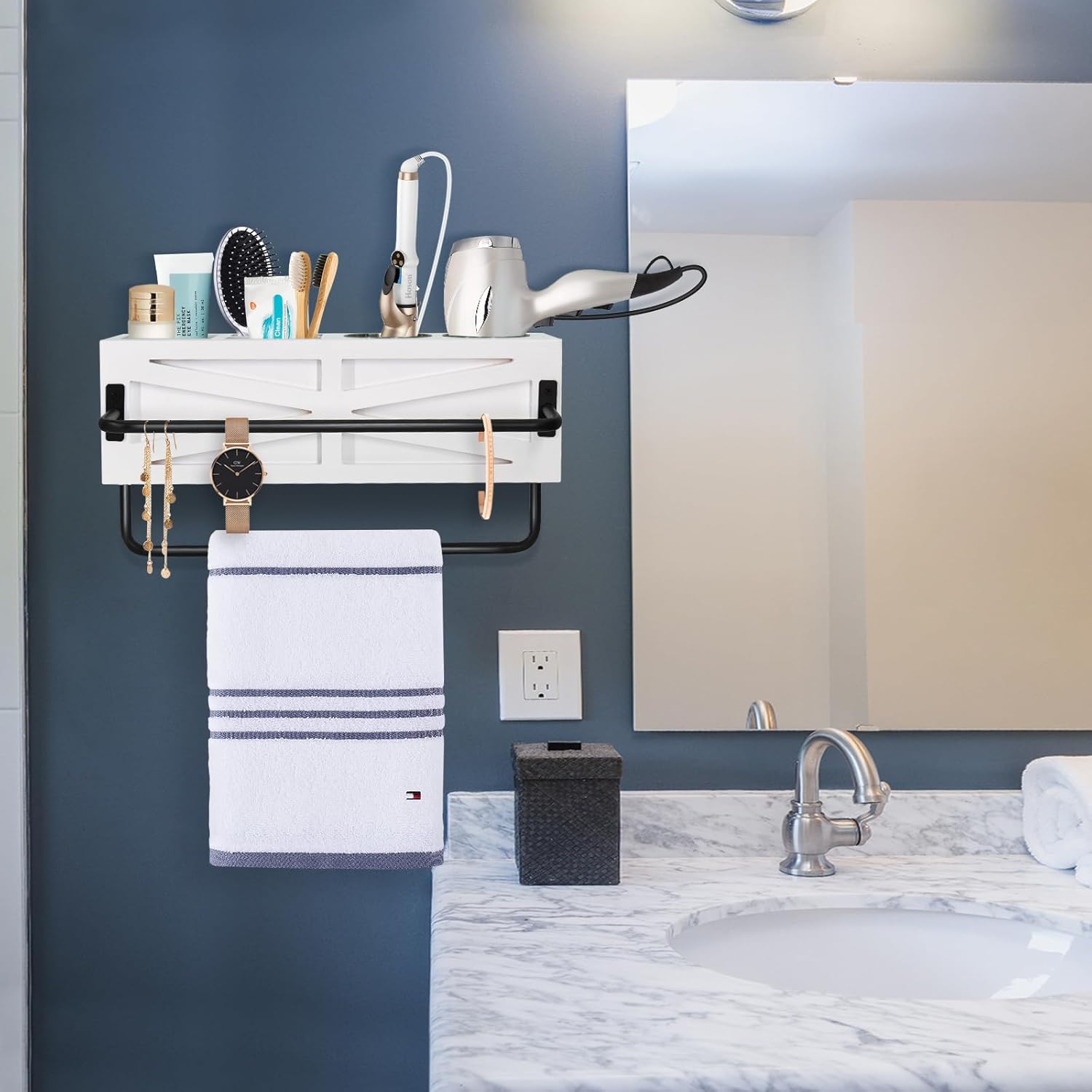 Hair Dryer Holder Wall Mount, Wood Hair Tool Organizer, White Hot Tools Organizer with 2 Towel Bars, Rustic Bathroom Organizer Blow Dryer Holder for Bathroom Decor, Flat Iron, Curling Wand, Brushes - Image 3