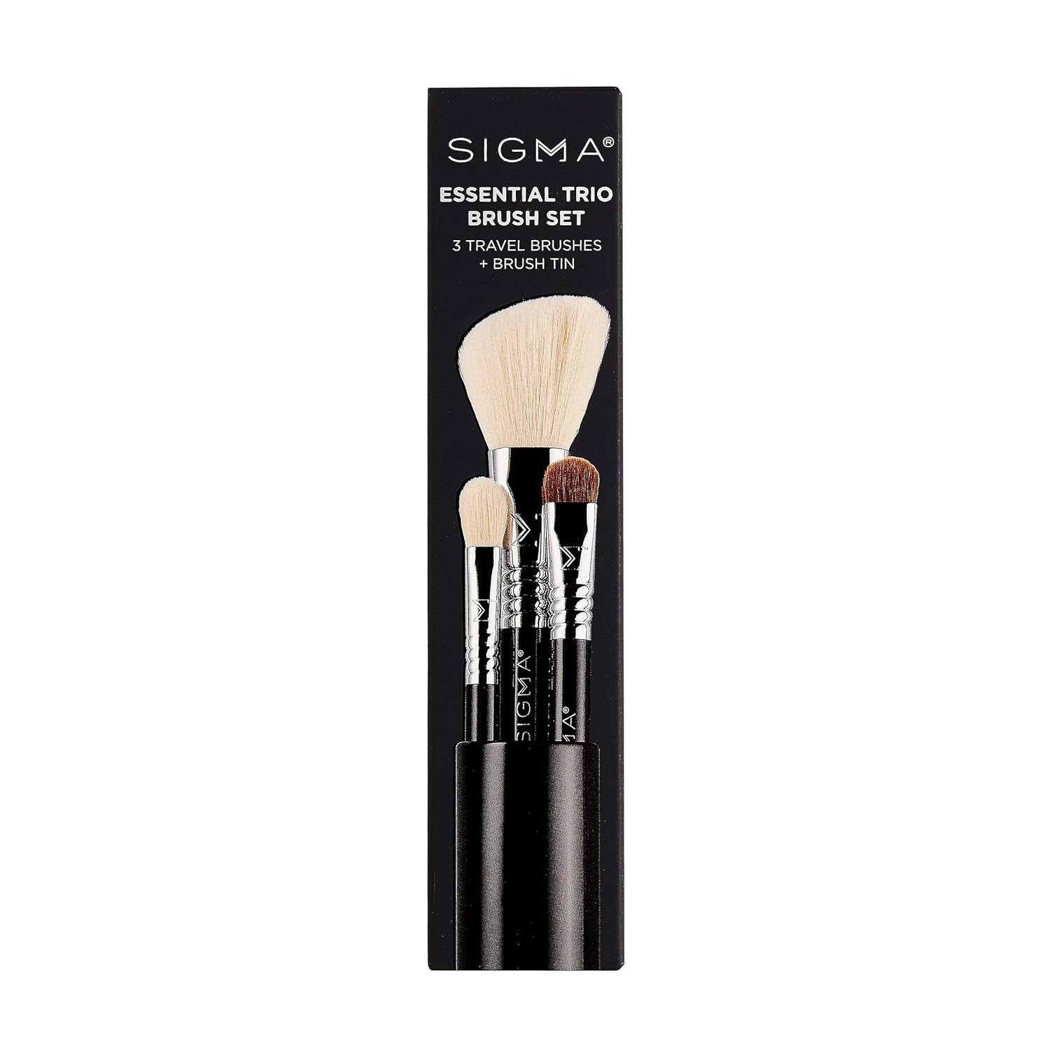 Sigma Beauty Travel Essential Trio - Makeup Brush Set for Foundation Powder Eyeshadow - 3 Tool Brushes with Brush Tin Holder - Skin Safe, Vegan Makeup Brushes for Travel - Black - Image 7