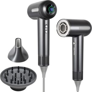 Hair Dryer,1600W High Speed Ionic Blow Dryer with Diffuser,Plasma Hair Dryer with Facial Mode(Silver Gray)