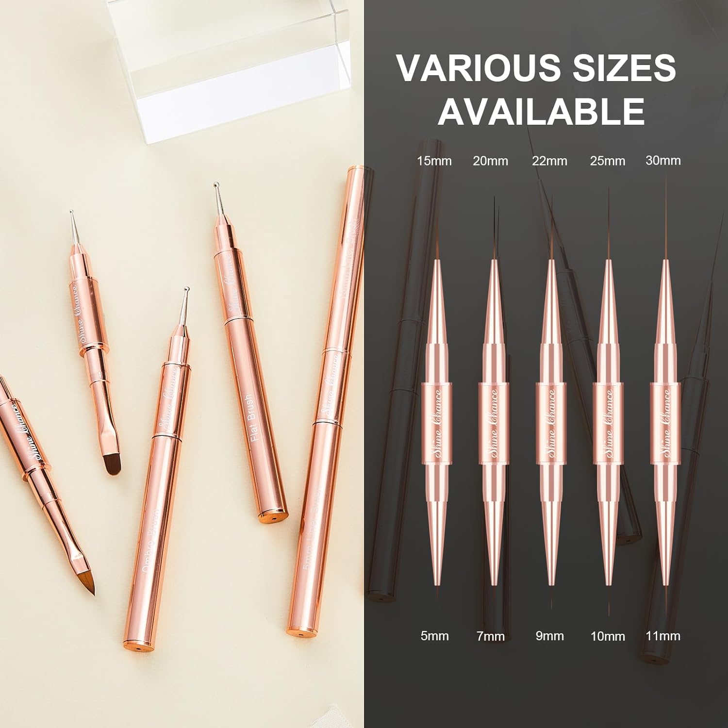 9-Piece Rose Gold Double-Ended Nail Art Brush Set for Gel Polish and 3D Design - Image 3