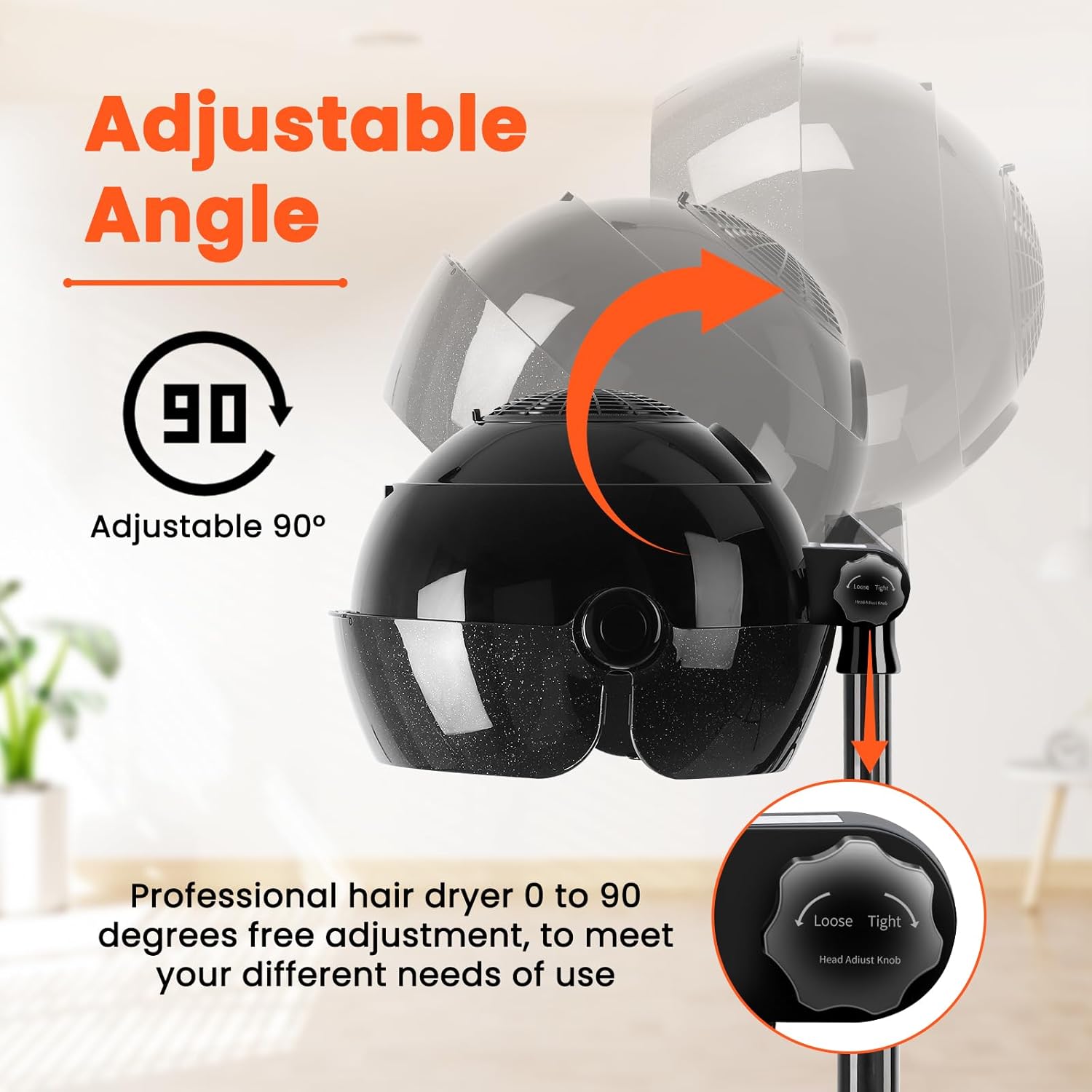 Hooded Hair Dryer, 1500W Standing Hair Dryer with Time Settings, Touch Controls, 3 Temperature Modes, Height Adjustable Ionic Hooded Dryer on Wheels, Sit Under Hair Dryer Bonnet for Home or Salon Use - Image 5