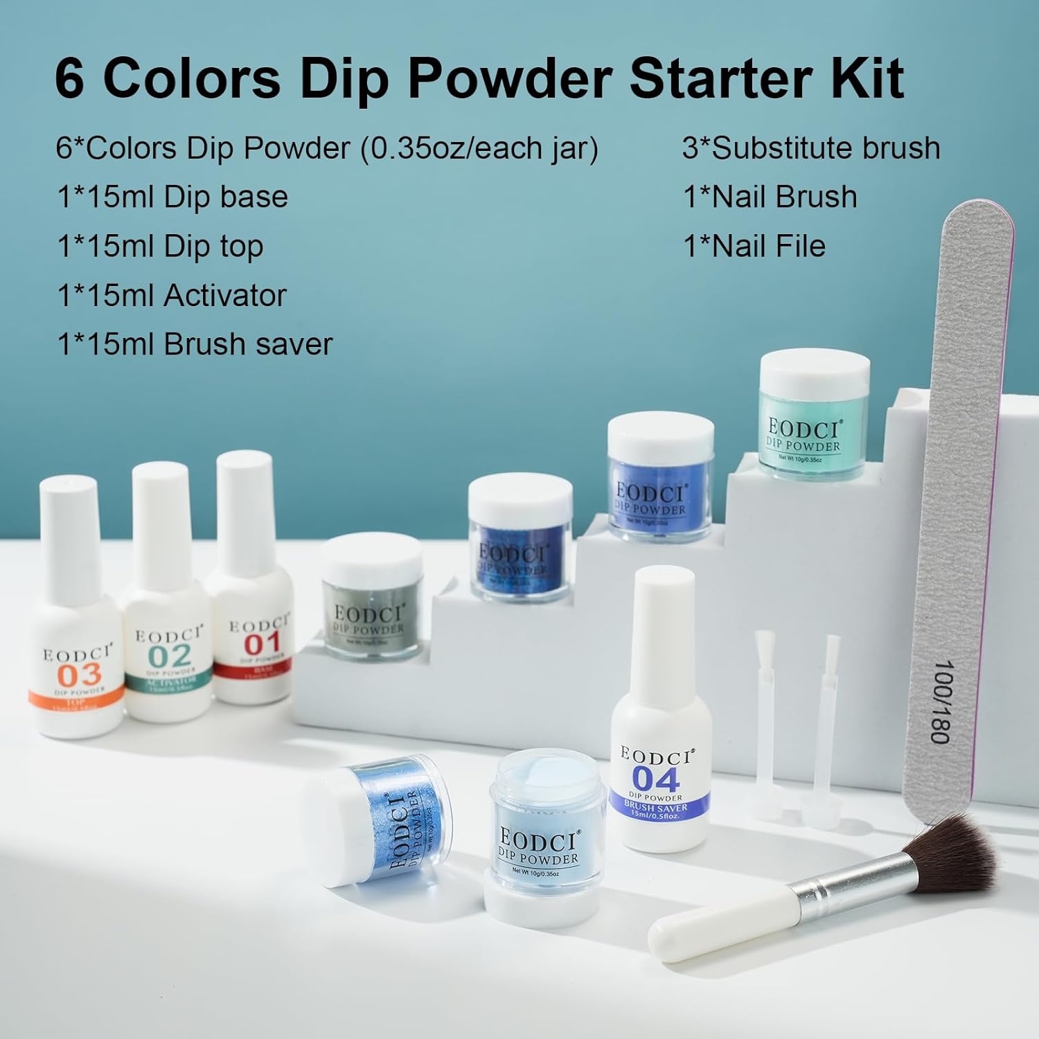 12 Pcs Glitter Blue Dip Powder Nail Kit Starter, Dark Green Blue Snow Dipping Powder Kit With Base & Top Coat/Activator/Brush Saver, Odor-Free&Long-Lasting, No Needed Nail Lamp Curing - Image 2